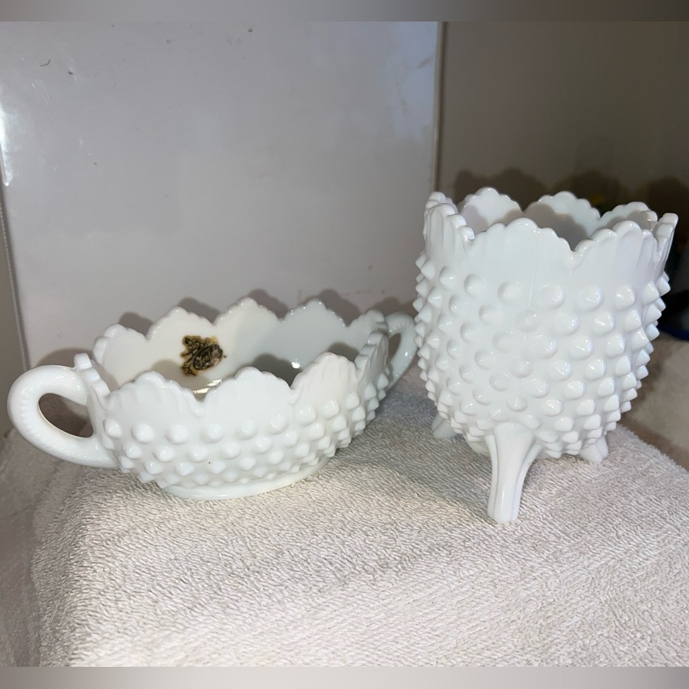 2 - VTG Fenton White Milk Glass Hobnail Scalloped 3 Leg Vase & Candy/Nut Dish